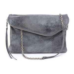 HOBO Grey Leather Envelope Style Clutch With Removable Chain Shoulder St…